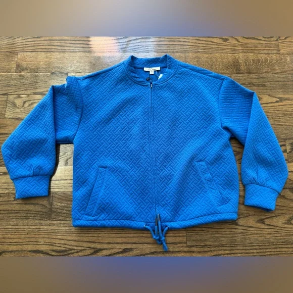 Les Serein Megan Quilted Knit Bomber Jacket Blue Textured Drawstring Size M NWT - Picture 3 of 6